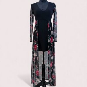 Vintage Black Mini Dress Floral Mesh Maxi Overlay Small Whimsigoth Fairy Grunge